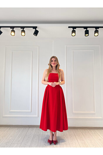 Store Kare Yaka Askılı Korse Model Midi Boy Elbise