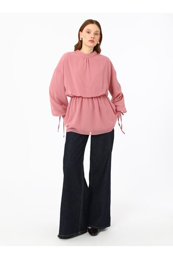 Refka Shirring Detailed Chiffon Dark Rose Blouse / Shirt - Dark Rose - Refka