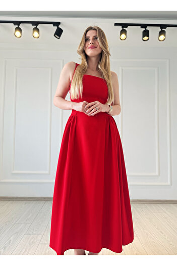 Store Kare Yaka Askılı Korse Model Midi Boy Elbise