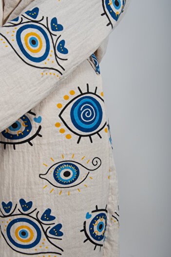 Makro Trend Peshtemal Bathrobe Cotton Muslin Evil Eye Patterned 1 Piece Kimono Kaftan