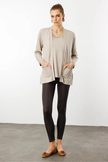 Desen Triko Women's Pockets Stone Summer Cardigan Beige