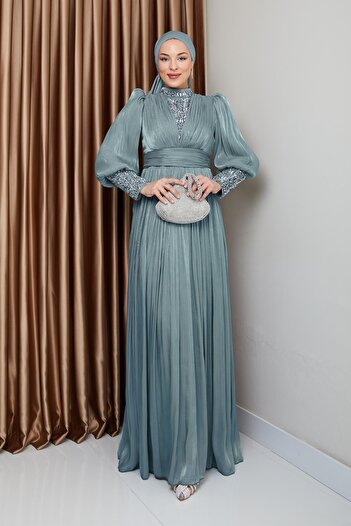 Olcay Sleeves and Front Stone Tessel Yorgo Silk Hijab Evening Dress Water Green 1239
