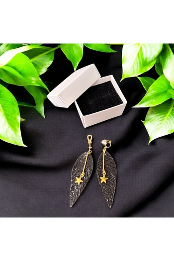 1PARÇAMAVİ Black Feather Pattern Clip-On Women's Earrings - Without Piercing Earrings