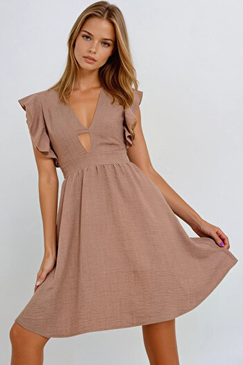 VAGGON Women's Camel V-Neck Sleeves Flounces Back Zipper Aerobin Linen Woven Dress Prmx11854