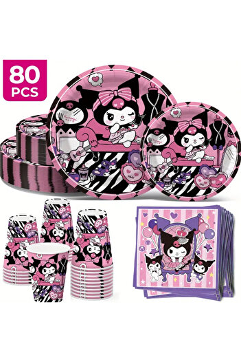 So Iconic 20 Person 80 Piece Kuromi Character Party Set Paper Plate, Cup, Napkin