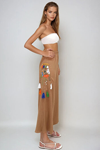VAGGON Ethnic Pattern Women's Palazzo Trousers - Embroidery and Tassel Embroidered Crinkle