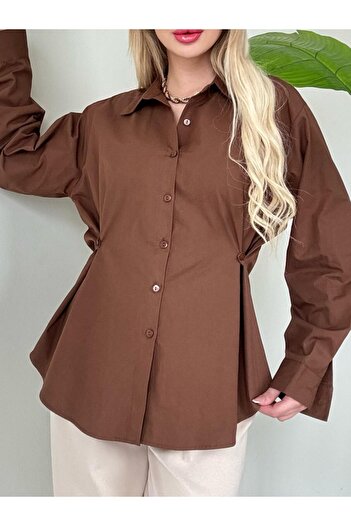 Modamorfo Poplin Shirt with Button Detail on the Sides -K. Coffee