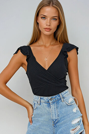 VAGGON Women's Black Double Breasted Collar Back Low-Cut Blouse Prmx13526
