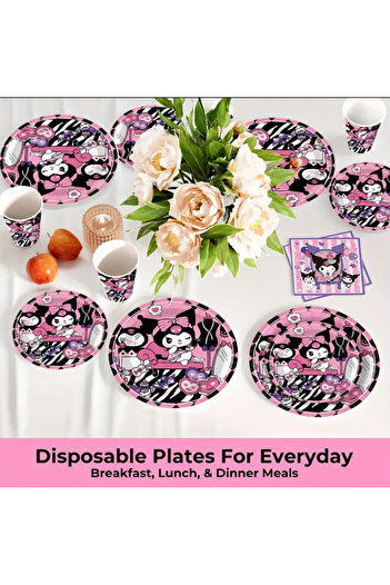 So Iconic 20 Person 80 Piece Kuromi Character Party Set Paper Plate, Cup, Napkin