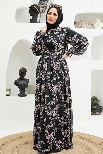 Neva Style Floral Patterned Black Hijab Dress 56830S