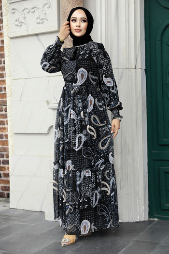Neva Style Desenli Siyah Tesettür Elbise 33561s