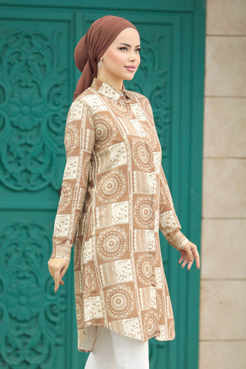 Neva Style Τουνίκ με σχέδιο καφέ Hijab Viscose 11664kh