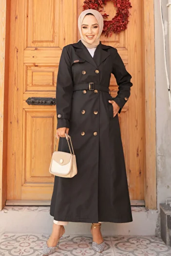 Neva Style Black Hijab Trench Coat - Belted, Model 61500s