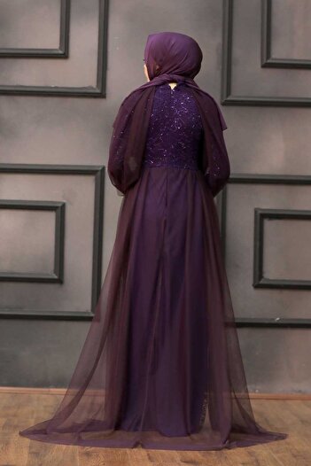 Neva Style Purple Hijab Evening Dress with Cape 55190Purple