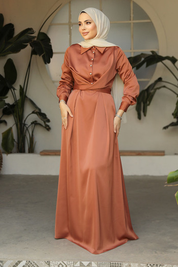 Neva Style Brick Color Hijab Satin Dress - Button Detail, 45661KRMT