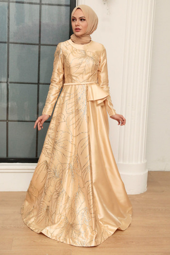 Neva Style Glitter Patterned Beige Hijab Evening Dress 373Beige