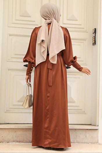 Neva Style Balloon Sleeve Brown Hijab Satin Evening Dress 61031Kh