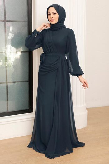 Neva Style Βραδινό φόρεμα Hijab Navy Blue με λεπτομέρεια ντραπέ 5711l