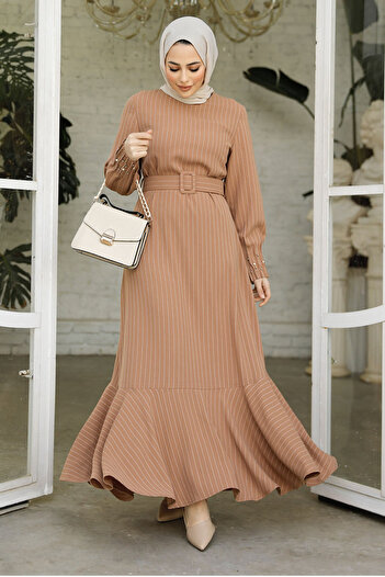 Neva Style Ριγέ Μπισκότο Φόρεμα Hijab 51911BS