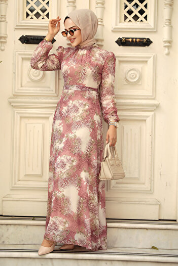 Neva Style Floral Patterned Powder Hijab Dress 27944Pd