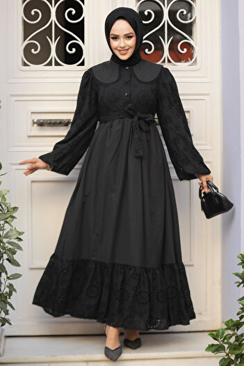 Neva Style Black Laced Hijab Dress - 10034S