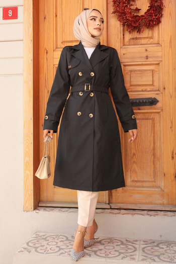 Neva Style Black Hijab Trench Coat - Belted, Model 60500s