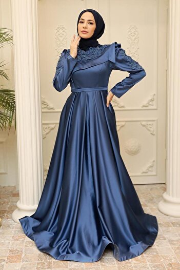 Neva Style Beaded Indigo Blue Hijab Evening Dress 22351ım