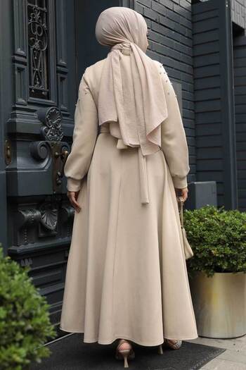 Neva Style Φόρεμα Hijab Μπεζ Κεντημένο με Χάντρες - Μανίκια 23631BEJ