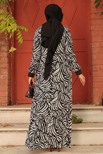 Neva Style Yaprak Desenli Bej Tesettür Elbise 22970bej