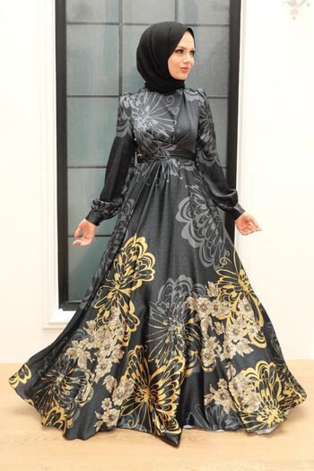 Neva Style Patterned Satin Black Hijab Evening Dress 3432S
