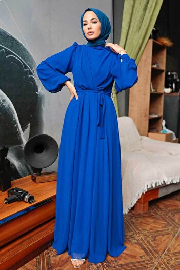 Neva Style Balon Kol Sax Mavisi Tesettür Elbise 5796sx
