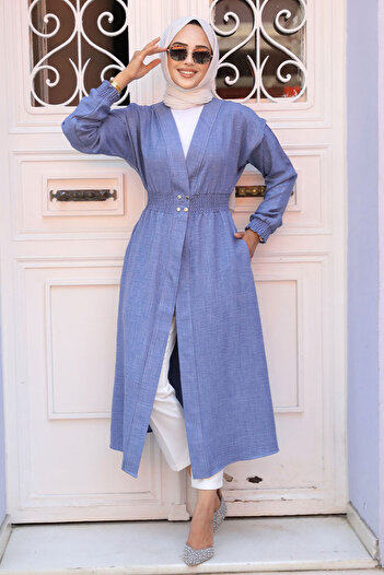 Neva Style Indigo Blue Hijab Cap - Button Detailed, 672IM