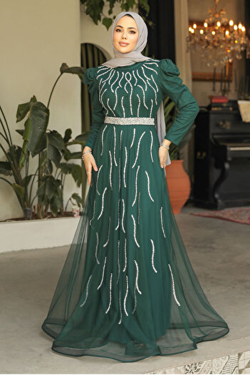 Neva Style Beaded Green Hijab Evening Dress 51912Y