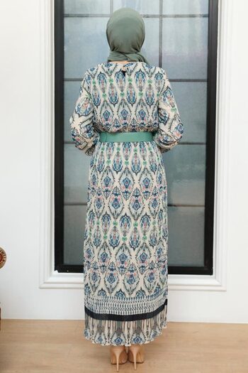Neva Style Ethnic Patterned Petrol Blue Hijab Dress 3536Pm