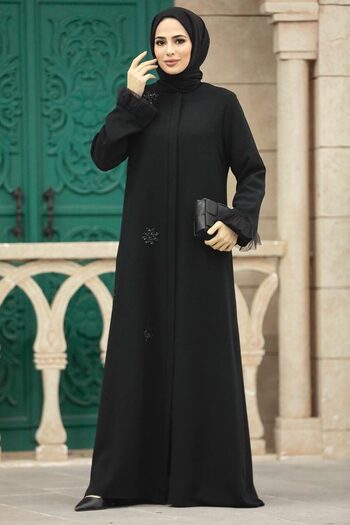Neva Style Black Hijab Ferace with Bead Detail 31951S