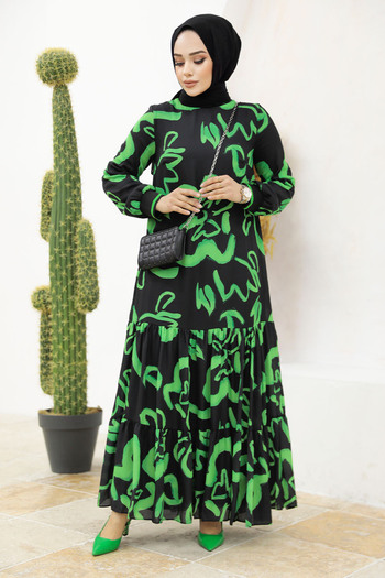 Neva Style Φόρεμα Hijab με Πράσινο Μοτίβο 12437y