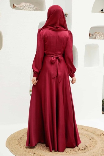 Neva Style Burgundy Hijab Evening Dress with Binding Detail 3064Br