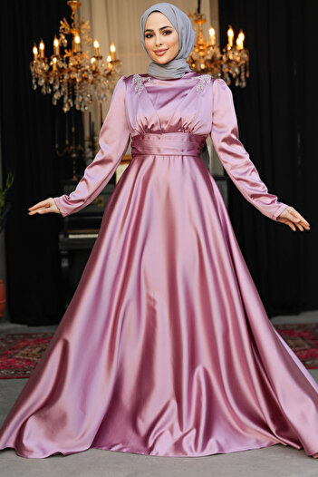 Neva Style Dusty Rose Hijab Satin Evening Dress with Bead Detail 25880Gk