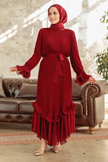 Neva Style Pleated Burgundy Hijab Dress 3856Br