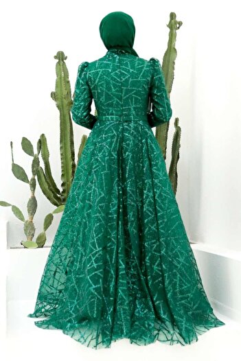 Neva Style Glitter Patterned Green Hijab Evening Dress 22282Y