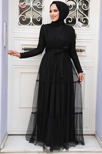 Neva Style Black Pleated Hijab Evening Dress 55621S