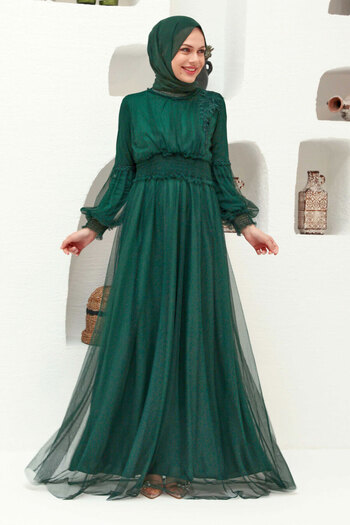 Neva Style Lace Detailed Green Hijab Evening Dress 56520Y