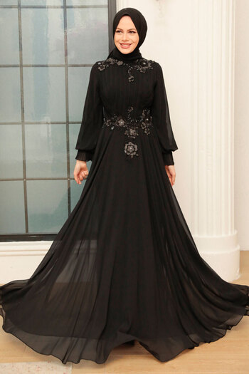 Neva Style Flower Detailed Black Hijab Evening Dress 765S