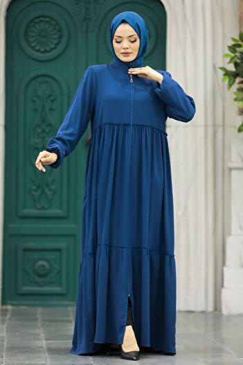 Neva Style Folded Pleated Indigo Blue Hijab Rabia Crepe Ferace 615ım