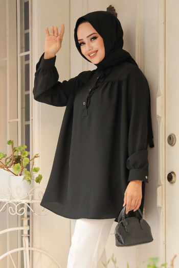 Neva Style Black Hijab Tunic - Buttoned, Model 19026S
