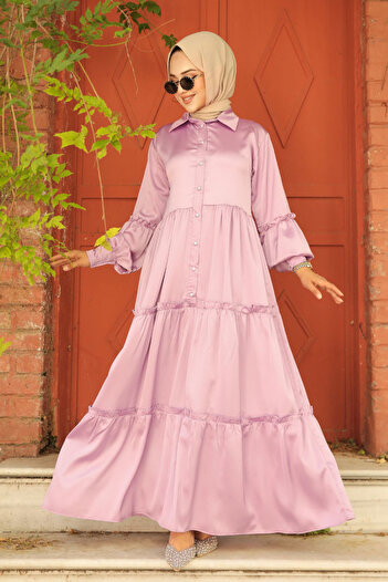 Neva Style Kat Pleated Lilac Hijab Dress 5884Lıla