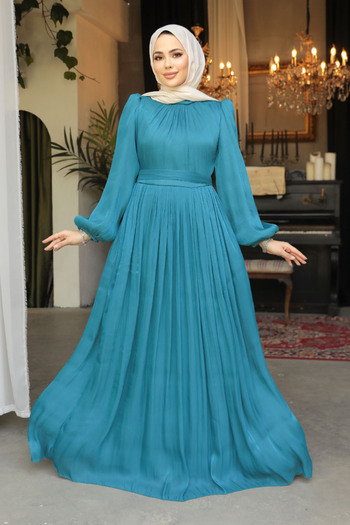 Neva Style Balloon Sleeve Oil Green Hijab Evening Dress 45191Py