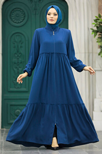 Neva Style Folded Pleated Indigo Blue Hijab Rabia Crepe Ferace 615ım