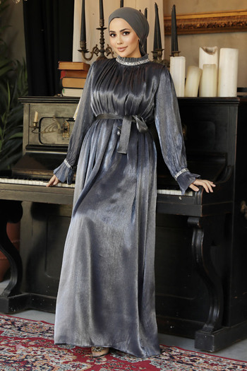 Neva Style Navy Blue Draped Hijab Dress - 25261L