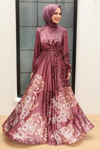 Neva Style Patterned Satin Dark Rose Dried Hijab Evening Dress 3432Kgk